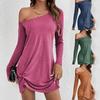 Western Style Women Casual Long Sleeve Solid Color Loose Short Dress