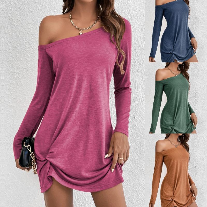 Western Style Women Casual Long Sleeve Solid Color Loose Short Dress