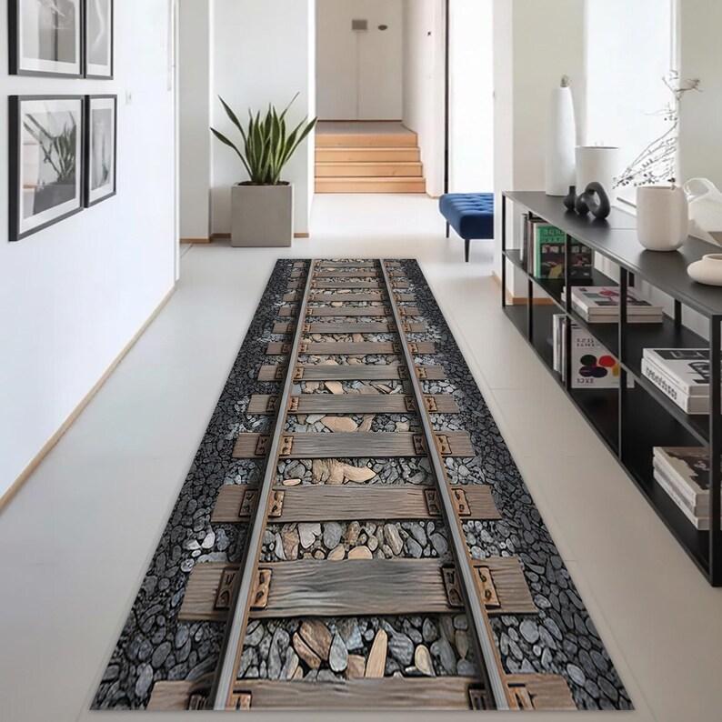 

3D Train Track Carpet Mat Rug Realistic Railway Pattern Non-Slip Home Decoration for Living Room Bedroom Living Room Decoration 40x120cm