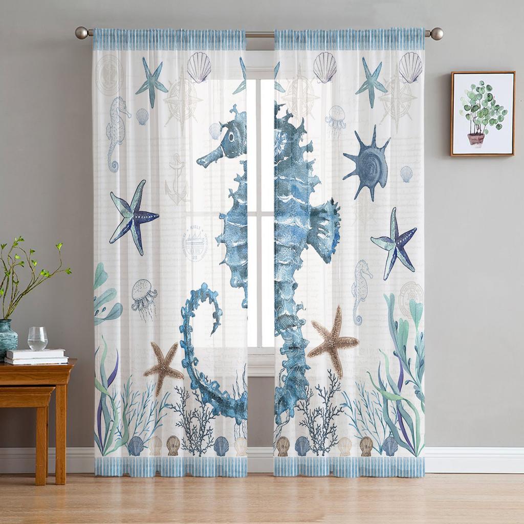 Marine Animal Hippocampus Seaweed Compass Tulle Curtain Voile Transparent for Bedroom Living Room Kitchen Sheer Window Curtains