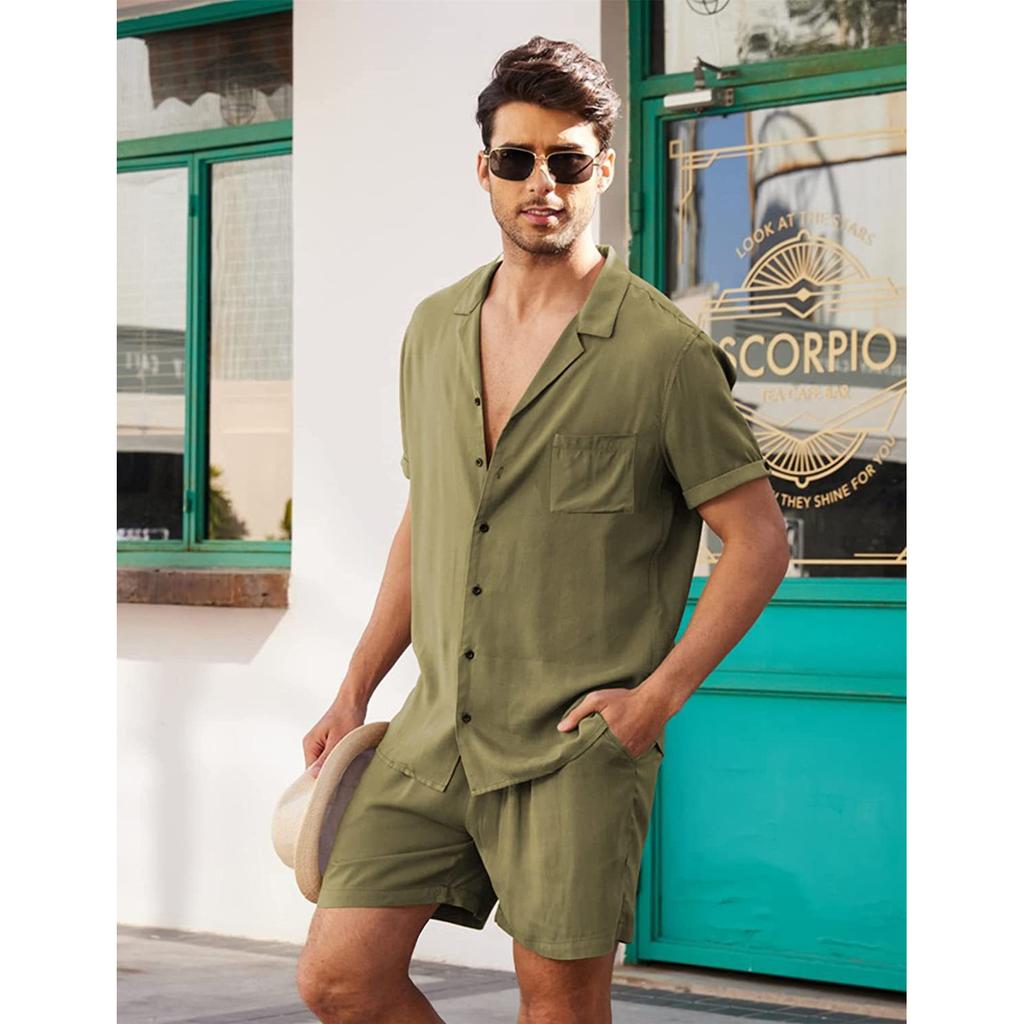 Summer Men's Cotton Linen Shirt Set Men's Casual Outdoor 2-Piece Suit and Home Clothes Pajamas Comfy Breathable Beach Short Sleeve Sets
