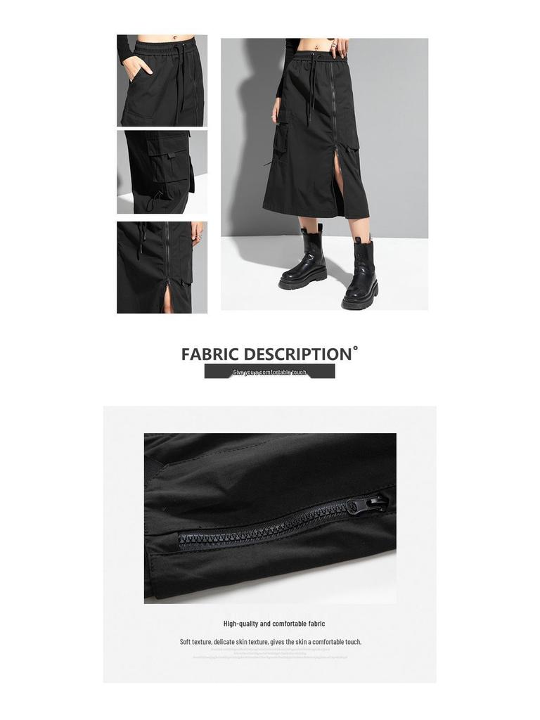 Fustă casual de primăvară și toamnă pentru femei cu șireturi și talie elastică - Culoare uni, Lungime medie, Versatilă, Subțiază, Tendință europeană și americană