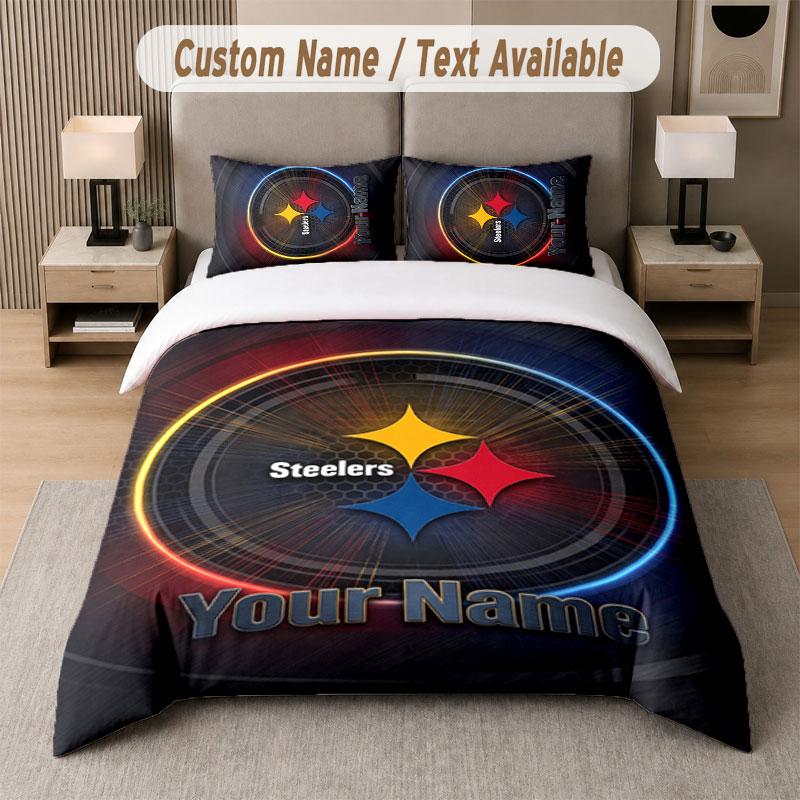 Custom Bedding Set Pittsburgh Steelers Pattern, Print Name Text 1 Duvet Cover Plus 2 Pillowcases Home Textile