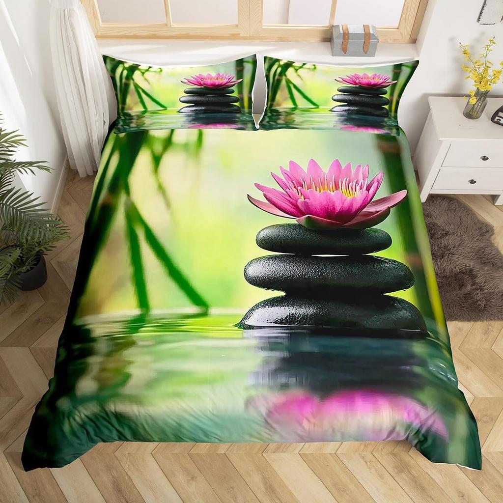 Zen Stones Duvet Cover Green Bamboo Fountain Bedding Set,Twin King,Spa Still Life Comforter Cover Natural Meditation Quilt Cover