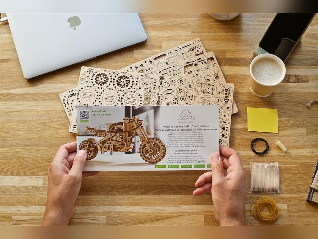 Ugears Scrambler with Sidecar 70137 Wooden Puzzle Craft Model - No Glue or Tools Required