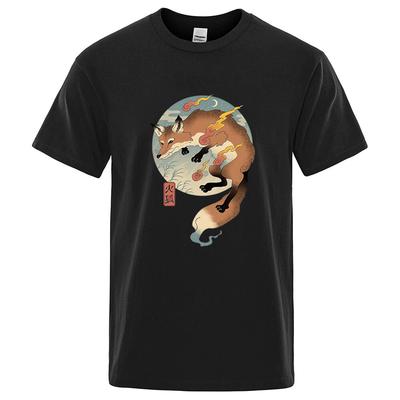 Cotton Blend Short Sleeve TShirt Japanese Ukiyo-e Fire Fox Graphic Casual Streetwear Unisex To