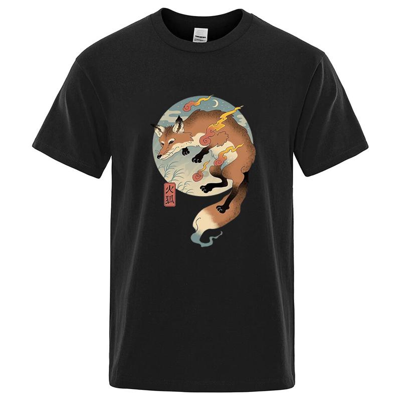 Cotton Blend Short Sleeve TShirt Japanese Ukiyo-e Fire Fox Graphic Casual Streetwear Unisex To