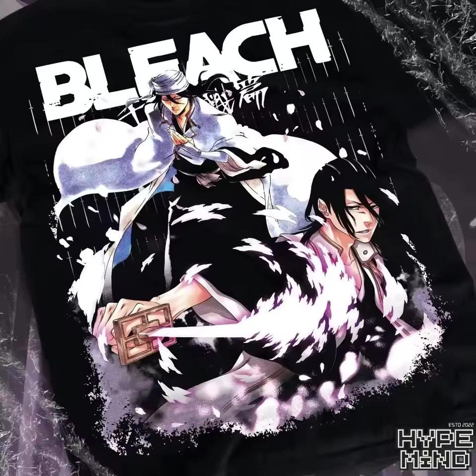 BLEACH Single Sided T-shirt Byakuya & Hitsugaya Dual Character Sakura Anime Print Oversized Cotton Tee For Bleach Shonen Fans