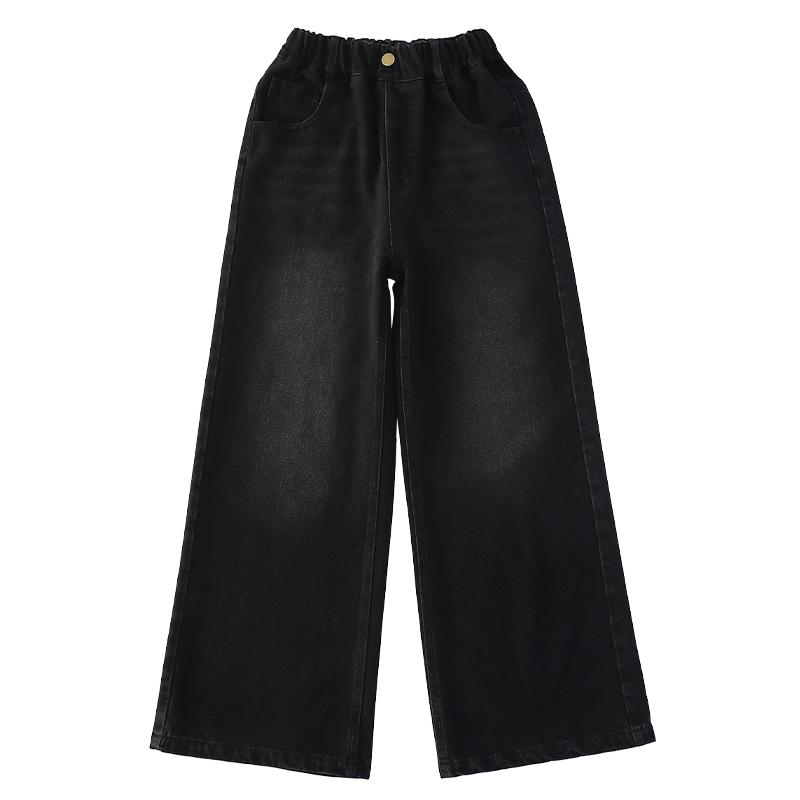 Spring Fall Kids Loose Straight Black Jeans with Bows Pocket for Teenage Girls Fashion Harajuku Y2k Denim Pants Child Trousers