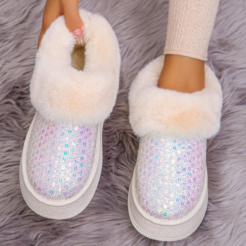 Fashion Fashion Bling Sequin Fur Snow Boots Women Comfy Slip On Thicken Plush Warm Winter Boots Woman Non Slip Faux Fur Ankle Booties