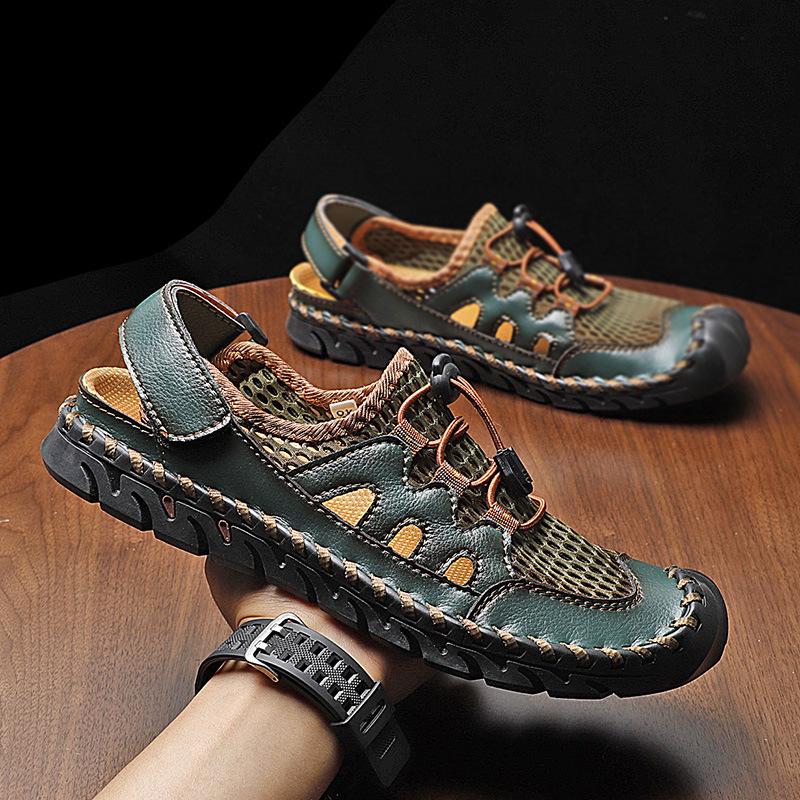 Summer new hand-sewn large-size casual cool leather shoes men's outdoor mesh hollow beach shoes