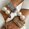 SHIXIN Punk Multilayer Snake Chain Open Spring Bangles Boho Large Imitation Pearl Cuff Bangles for Women Bracelet Luxury Jewelry