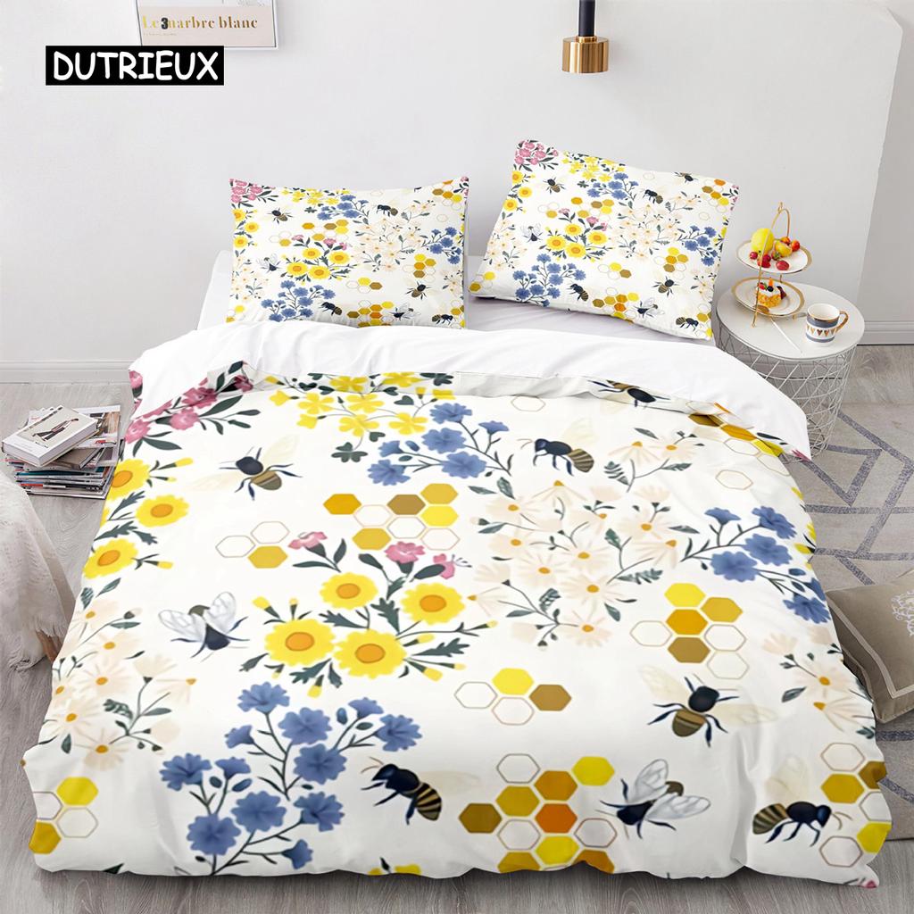 Bienen Bettbezug Set Queen Mikrofaser Floral Bettwäsche Set für Teenager Mädchen Frühling Frisches und Natürliches Thema 2/3 Teile Bettdeckenbezug
