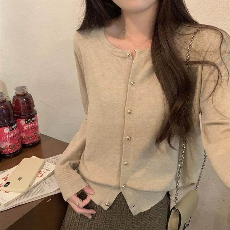 Herbst Koreanischer Stil Rundhals Cardigan Einreihiger Knopf Gestricktes Oberteil Weicher Wachsiger Schlankmachender Mantel für Damen