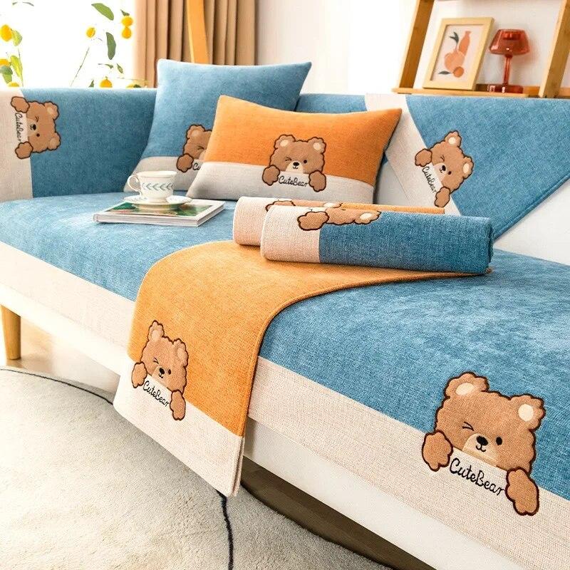 Sofabezüge mit Stickerei und Bärenmotiv, rutschfest, L-Form, Sofa-Chaiselongue-Kissen, Lounge-Couch-Bezug, universeller Sofa-Handtuchschutz, Heimdekoration