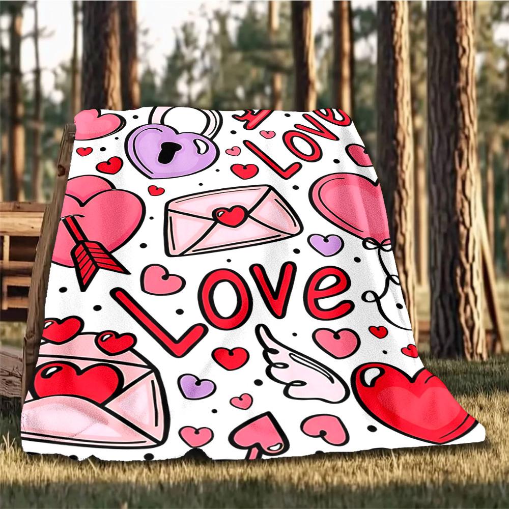 1pc Love, Valentine's Day Outdoor Blanket - Soft Flannel Cozy for Travel & Camping - All-Season Warm Bed Cover, Machine Washable yy251229086