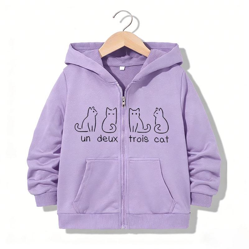 Japanese-style playful hooded zip-up sweatshirt, featuring cat and letter prints; a cute, casual, and thickened unisex design for autumn and winter.