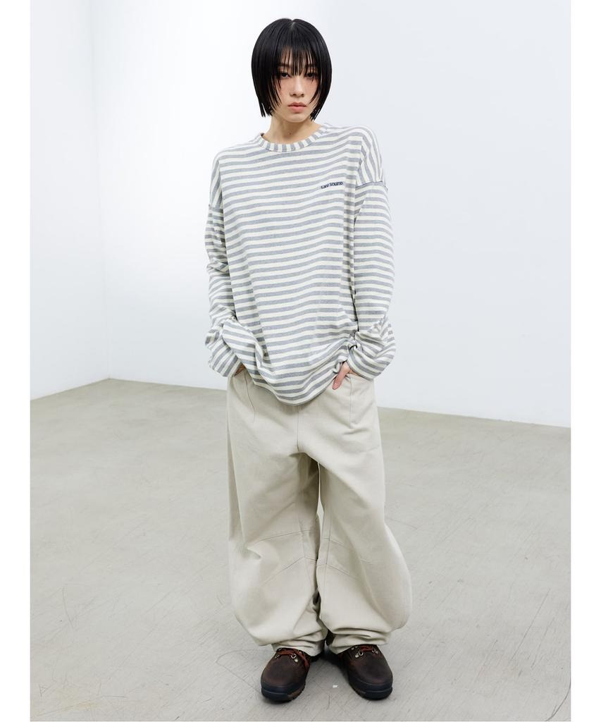 Saendeusaundeu (Unisex) Awning Stripe Long Sleeve T-Shirt Gray
