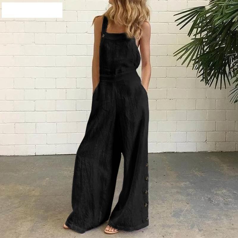 2026 New Women's Solid Color Sleeveless Jumpsuit, Side Button Wide Leg Romper with Pockets, Loose Fit Casual Overalls for Daily Wear
