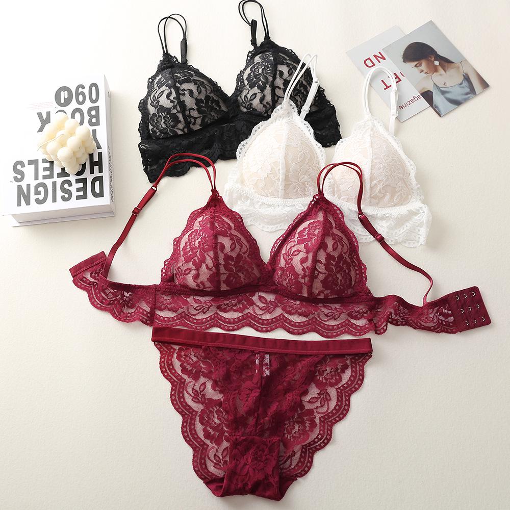 Women's Lace Triangle Cup Bra & Panty Set - Wire-Free, Sexy Hollow Back Design