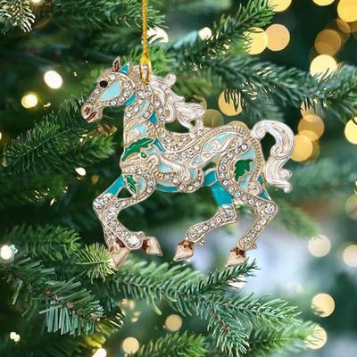 Rhinestone Horse Ornament Elegant Christmas Tree Decoration with Keychain 2D Acrylic Hanging Decor Equestrian Gift for Horse Lovers