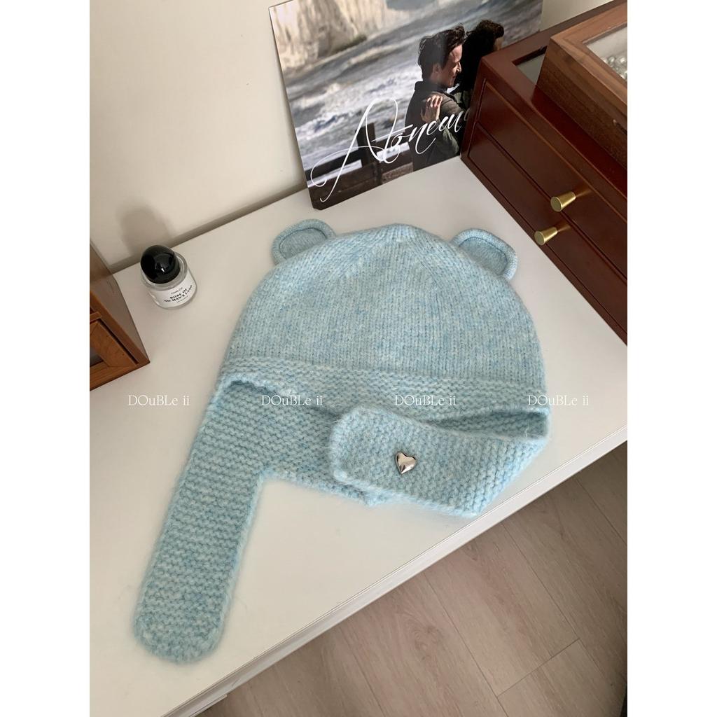 Double i i cute little ears knitted wool hat women's warm ear protection Lei Feng hat shows small face