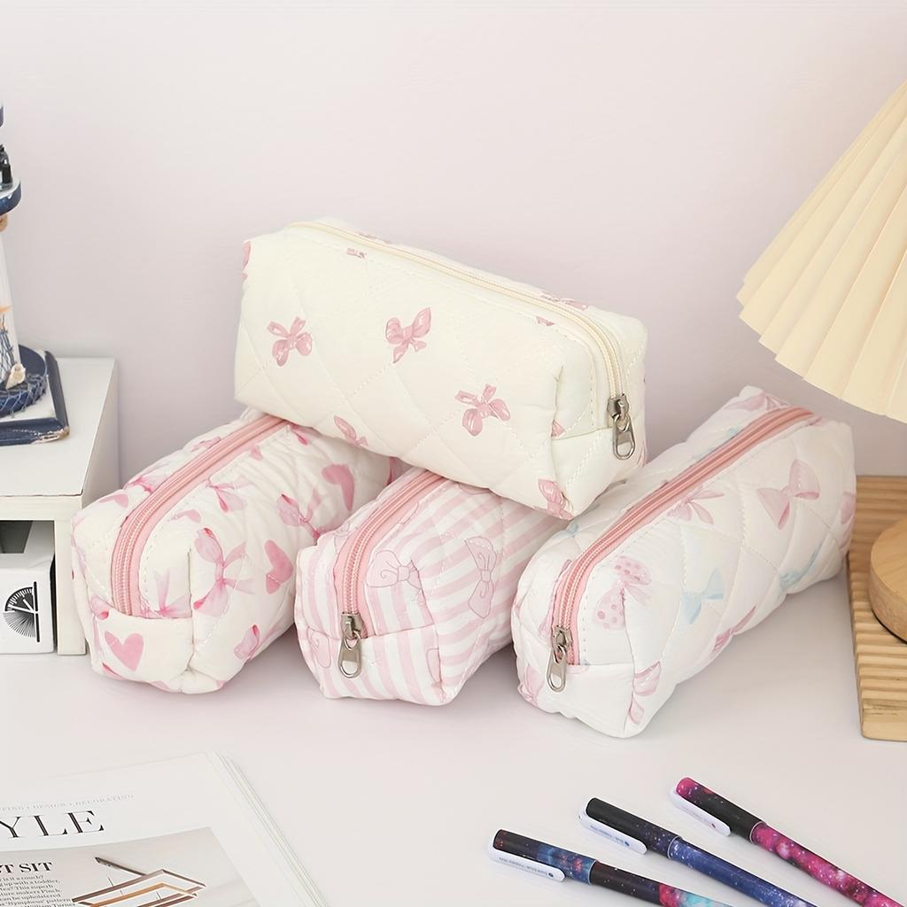 Gentle Style Plaid Design Stationery Pencil Case, Exquisite Soft Material Bow Floral Pattern Printed Pencil Case and Daily Item Storage Bag