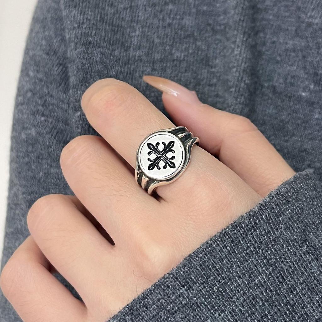 Niche Unique Design Exaggerated European and American Style Retro Zircon Flower Cross Ring