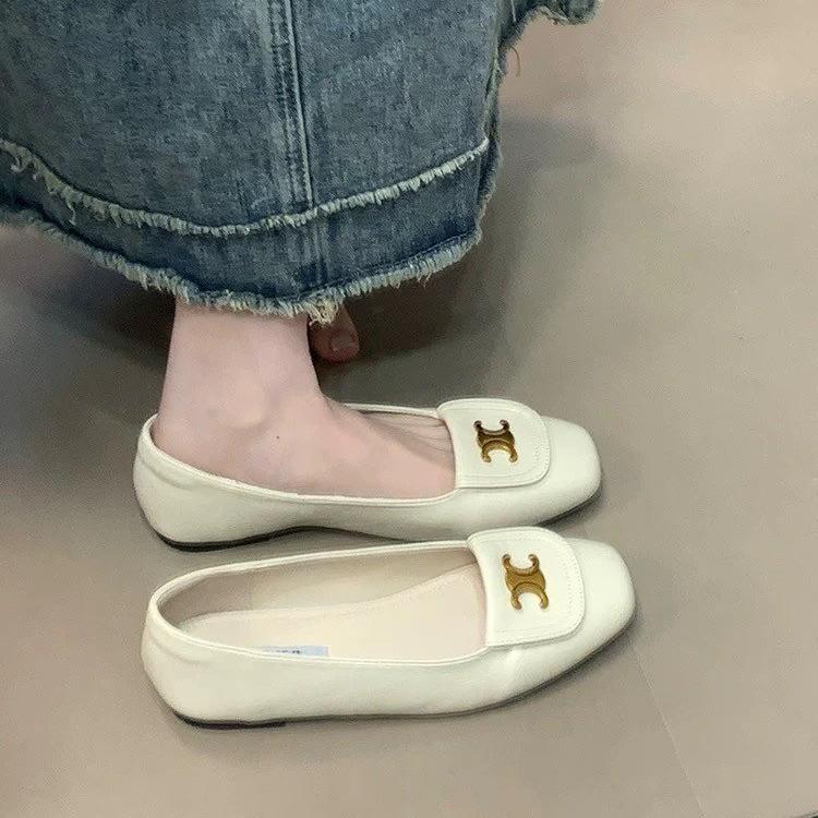 Women's fashion casual comfortable soles women's white imitation leather elastic new metal letter one-foot flat ballet shoes
