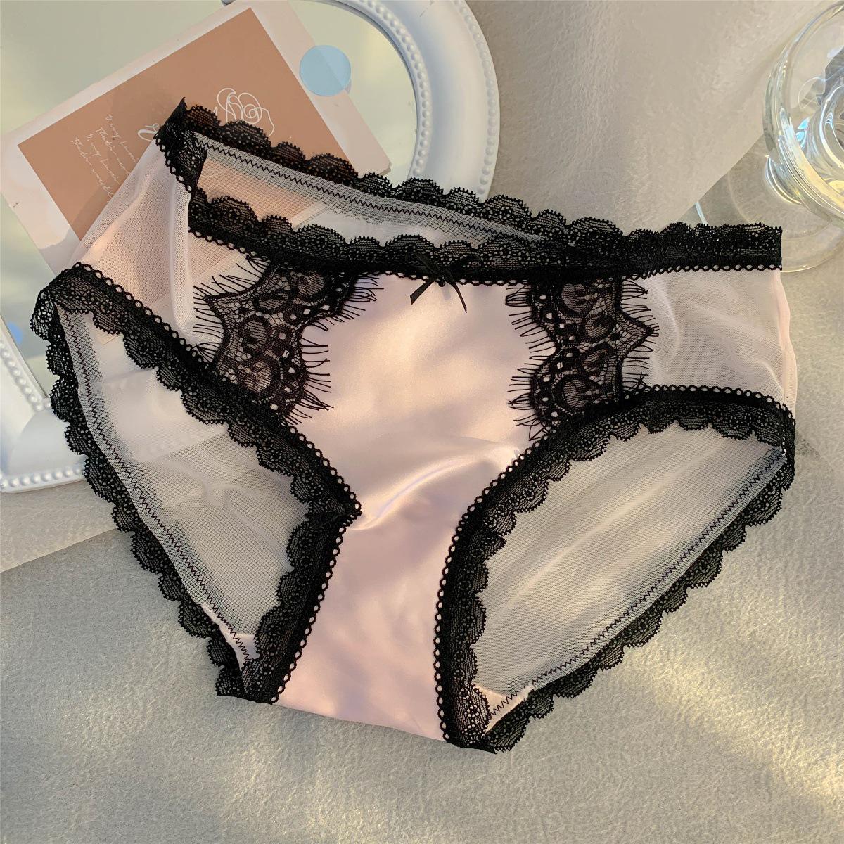 Romantic Encounter: French Lace Panties for Girls, Pure Desire Cotton Crotch Women s Briefs L (50-60 kg) черно-розовый