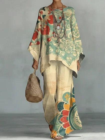 Y116 Summer Bohemian Paisley Printed Two-piece Set Large Size Casual Set