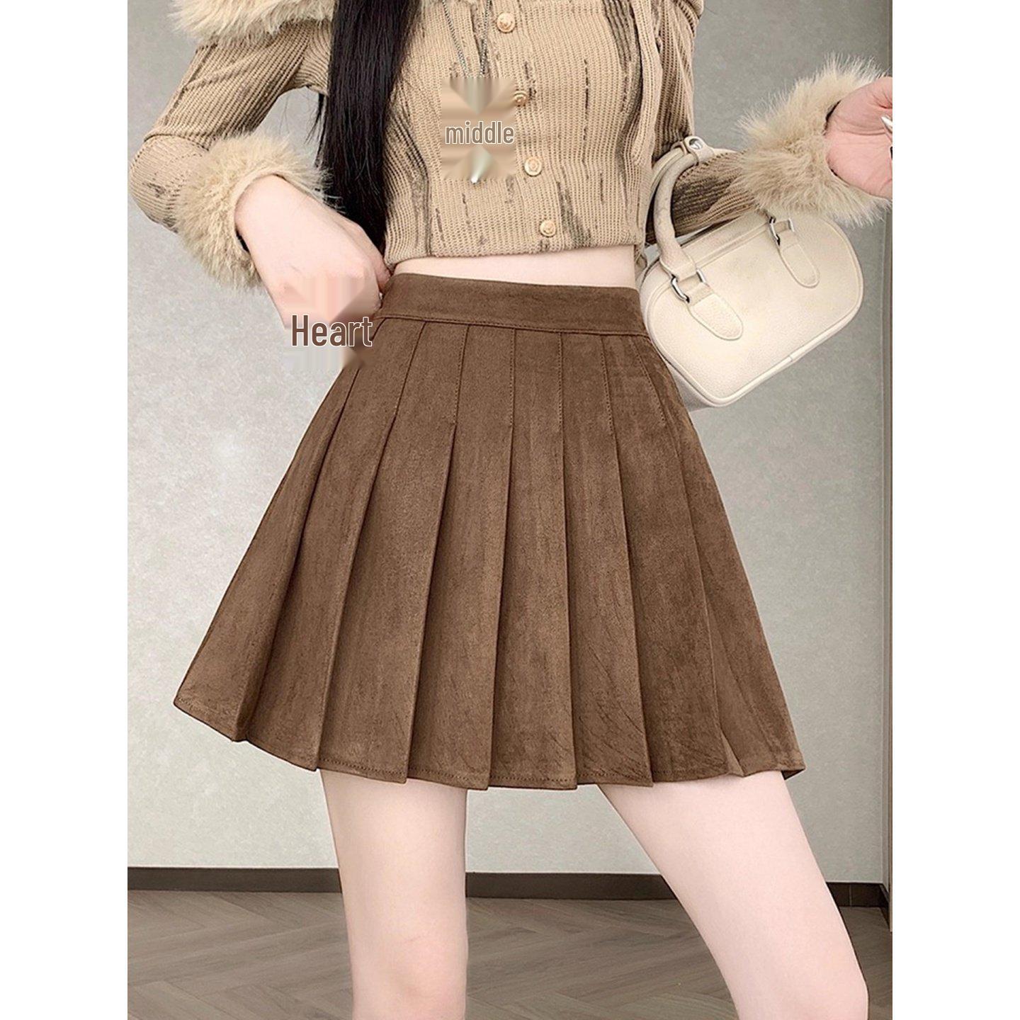 

Plus Size Pleated Mallard Brown Suede Skirt - High Waist, Anti-Exposure, Short Skirt for Spring/Autumn L