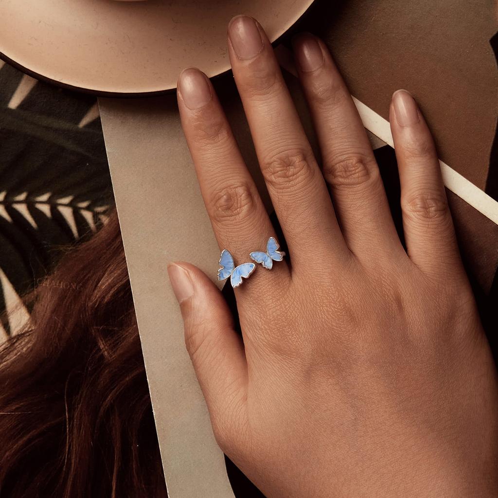 Silver universal ring with blue butterflies, silver 925