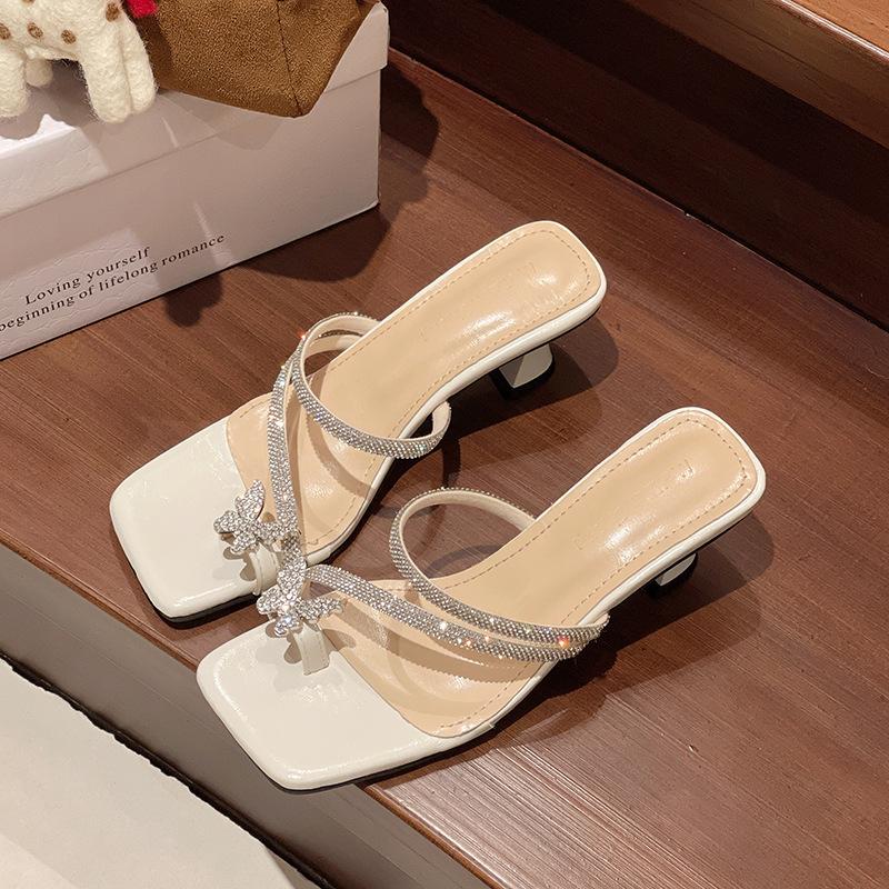 

Fairy rhinestone bow-toed slippers female 2025 new summer crystal high-heeled sandals two wear thick-heeled sandals 40