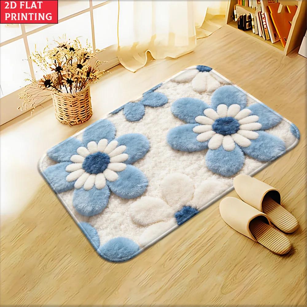 1pc 2D Flat Blue Floral Bathroom Entryway Area Rug, Non‑Slip Decor Floor Mat for Bathroom Indoor Use