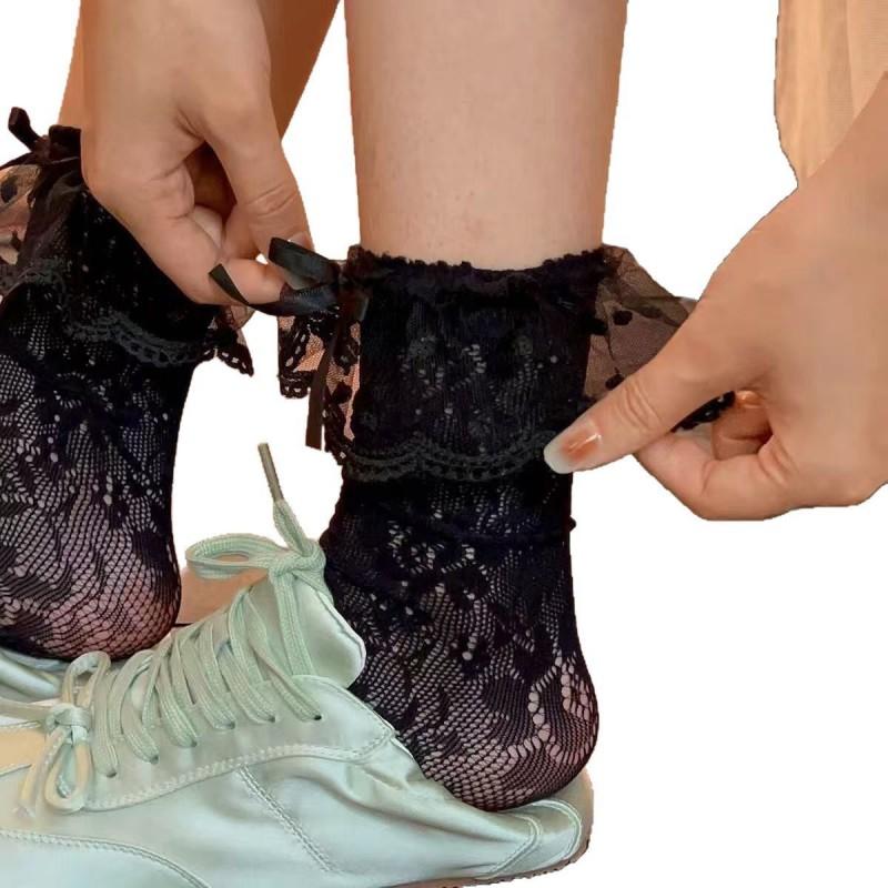 Ballet Style Mid-Calf Socks Women Soft Lace Trim Floral Breathable Cotton Blend Sweet Lolita Aesthetic