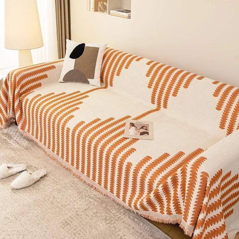 

Chenille Sofa Blankets Classic Stripe Universal Sofa Covers Picnic Mat with Tassel Beds Blanket Home Four Seasons Couch Towel 180x130cm S