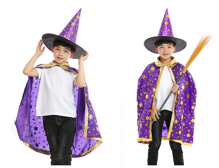 Sydanne Kids Magician Wizard Cloak Hat Cosplay Costume Hot Stamping Five-pointed Star Cloak Party Costume Halloween Costume