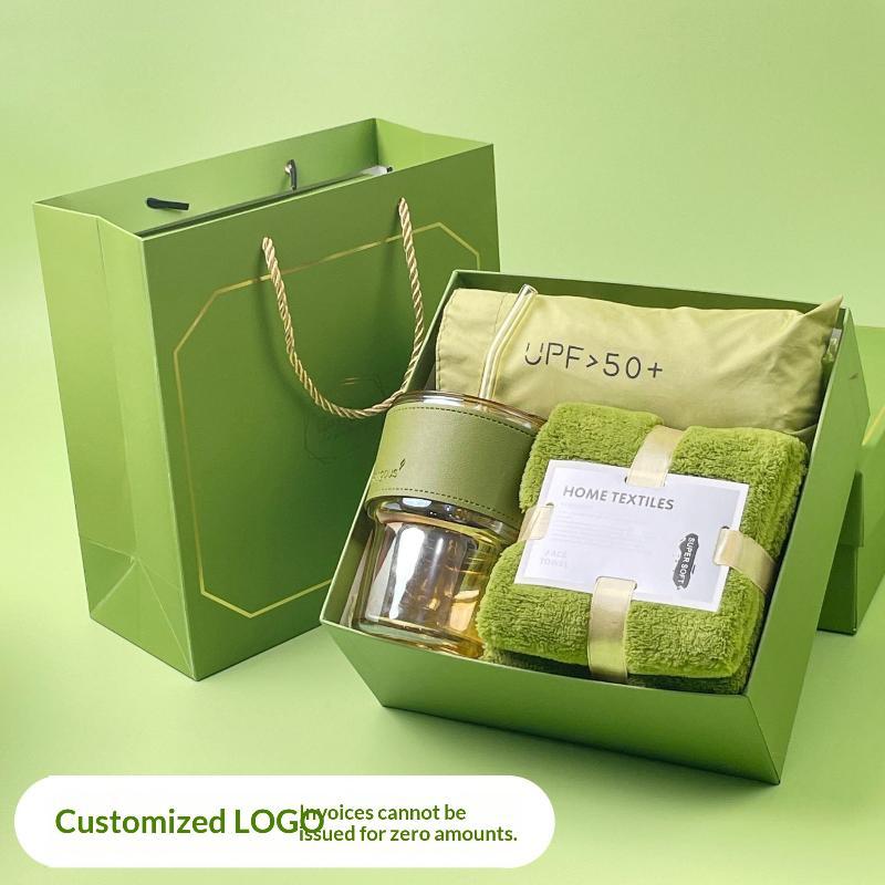 Green Gift Set With Glass Straw Cup Super Soft Towel And Upf 50 Sun Accessory For Corporate Gifts Employee Rewards Holiday Gifts
