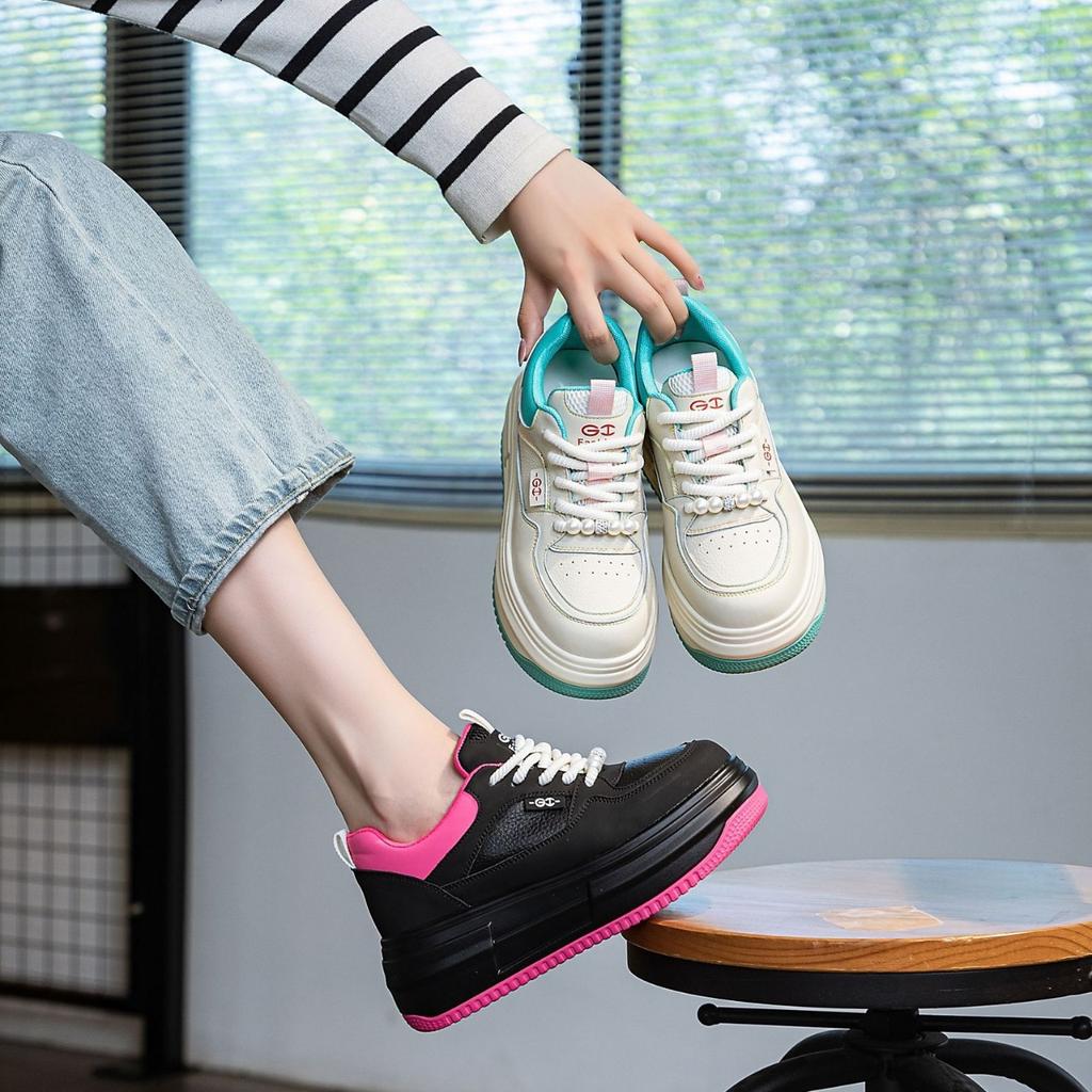 Leather color matching women's shoes spring new women's single shoes versatile platform lace-up casual student women's board shoes