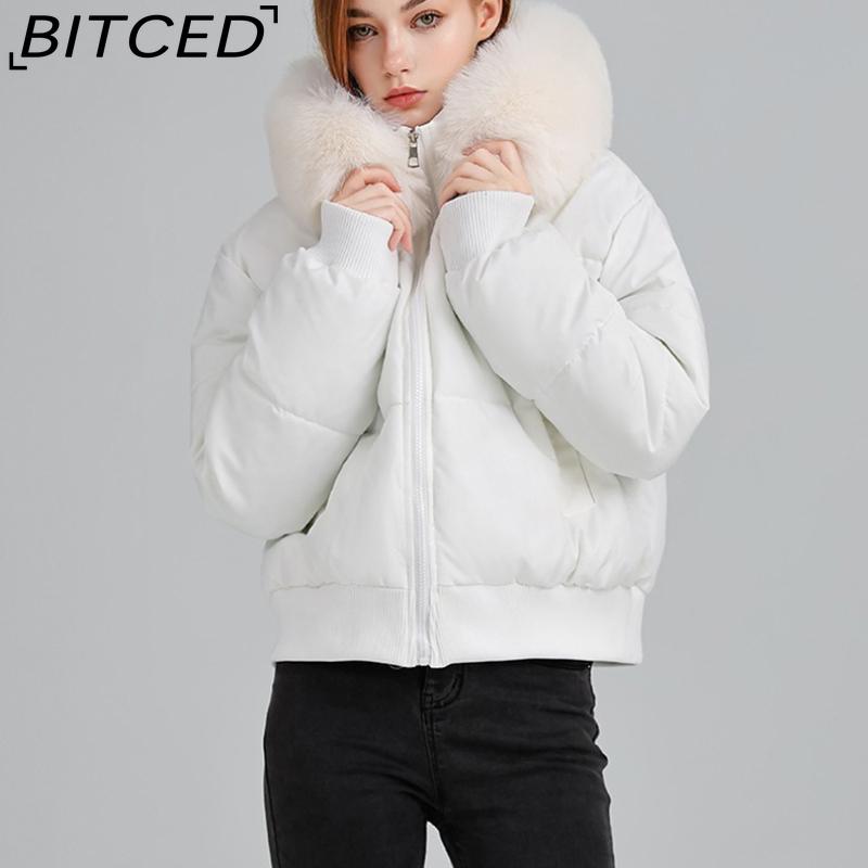 BITCED High-Waisted Oversized Fur-Trimmed Hooded Cropped Cotton Jacket for Women Autumn/Winter Down-Filled Cotton Jacket Slim-Fit Jacket Outerwear