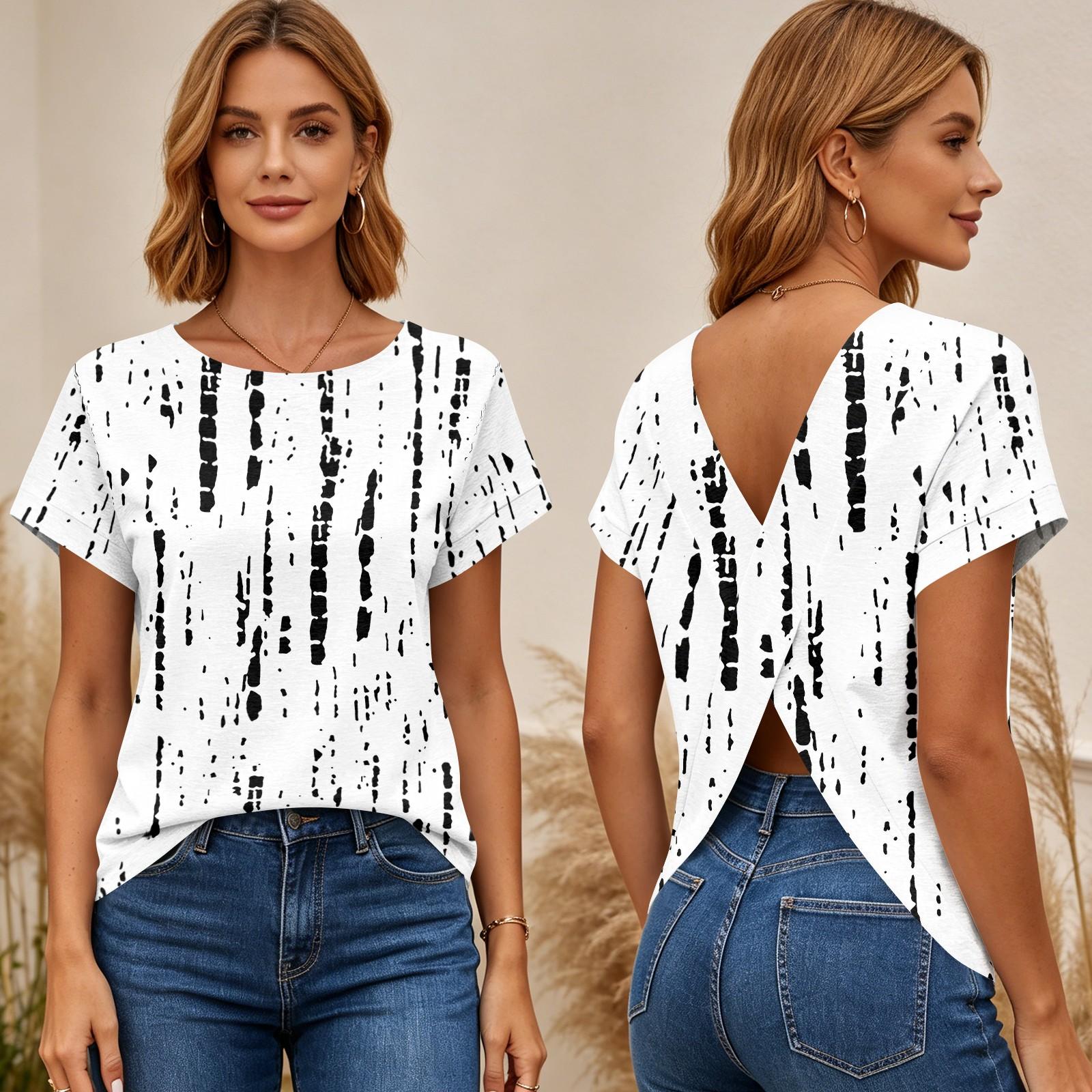 

Women Short Sleeve Geometric Print Cross Back T Shirt Top with V Neck Loose Fit Casual Blouse for Daily Wear L