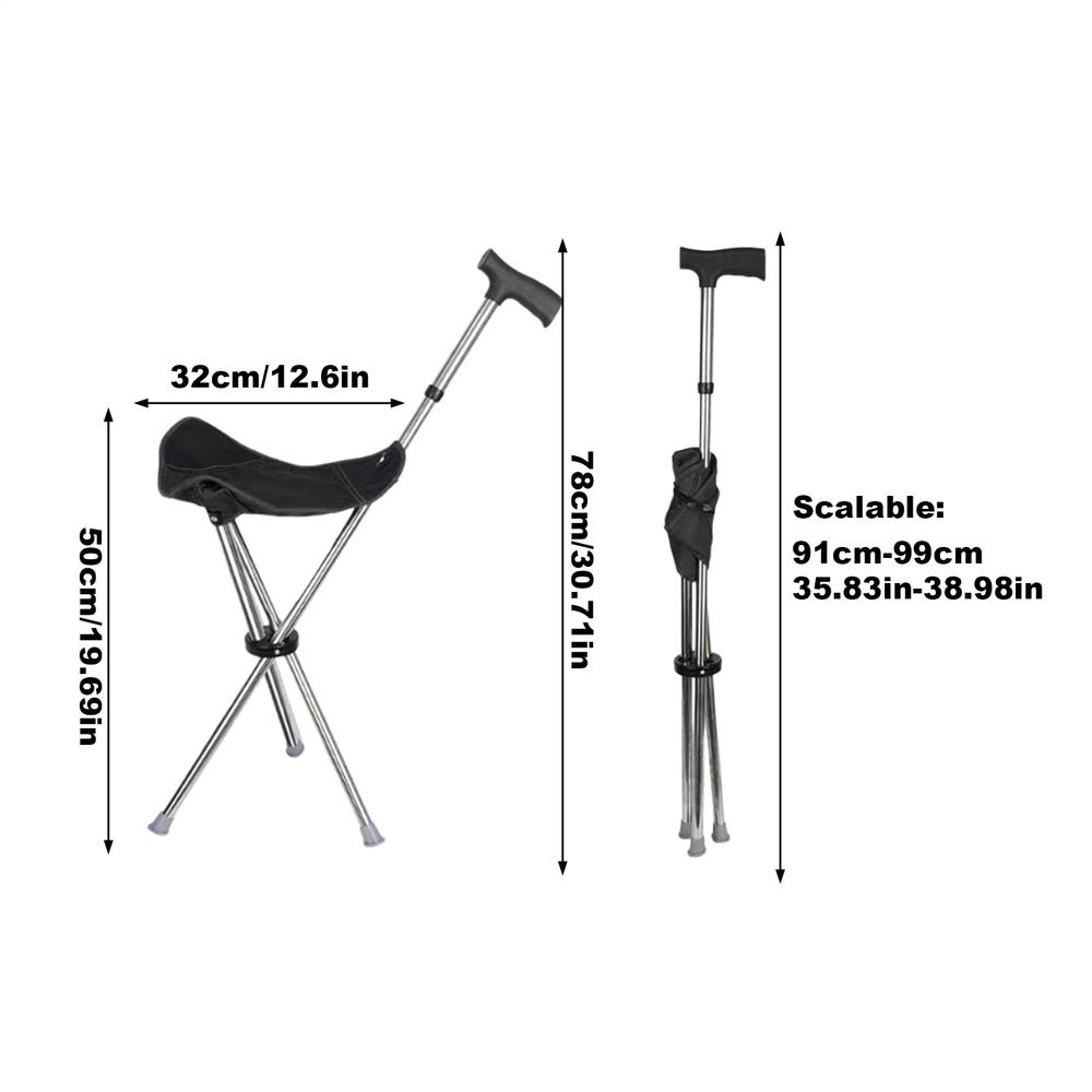 Foldable Walking Cane with Seat Anti-Slip Crutches Stool Mobility Aid Elderly Men Women Travel Hiking Outdoor Fishing