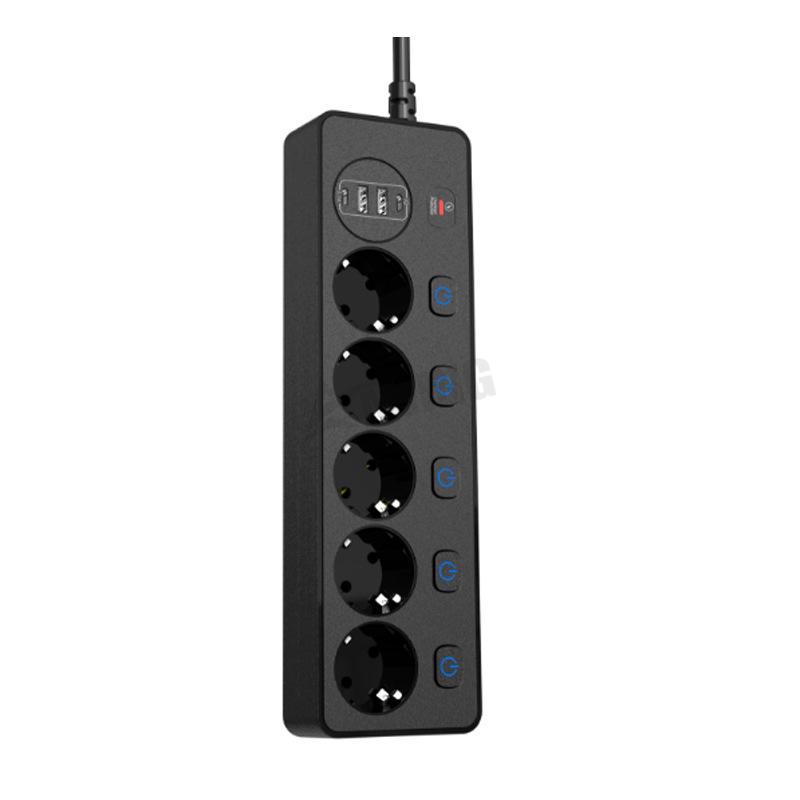 Independent Switch Control 5-Outlet Power Strip with 2 Type-C & 2 USB Ports, Overload Protection