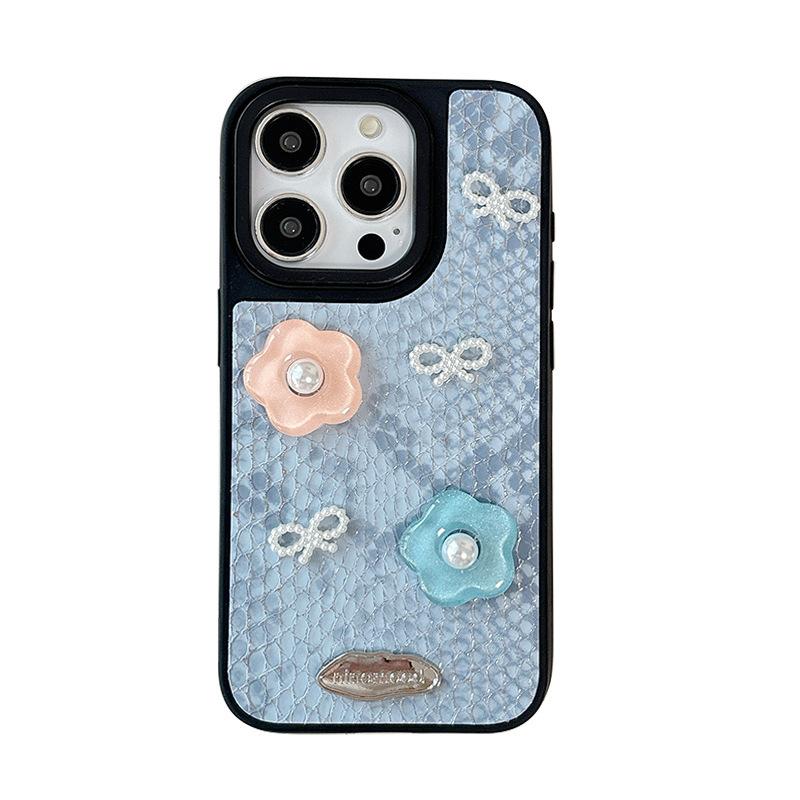 Three-dimensional Flower Pearl Bow Tie Mobile Phone Case for IPhone17proamx Snakeskin Pattern for Apple 16 High-end 15