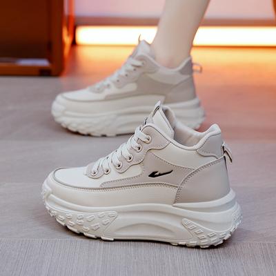 Aumento de Altura 5CM Otoño e Invierno Zapatos de Mujer de Caña Alta Versátil Plataforma Zapatos de Papá Moda Tendencia Ocio Deportes
