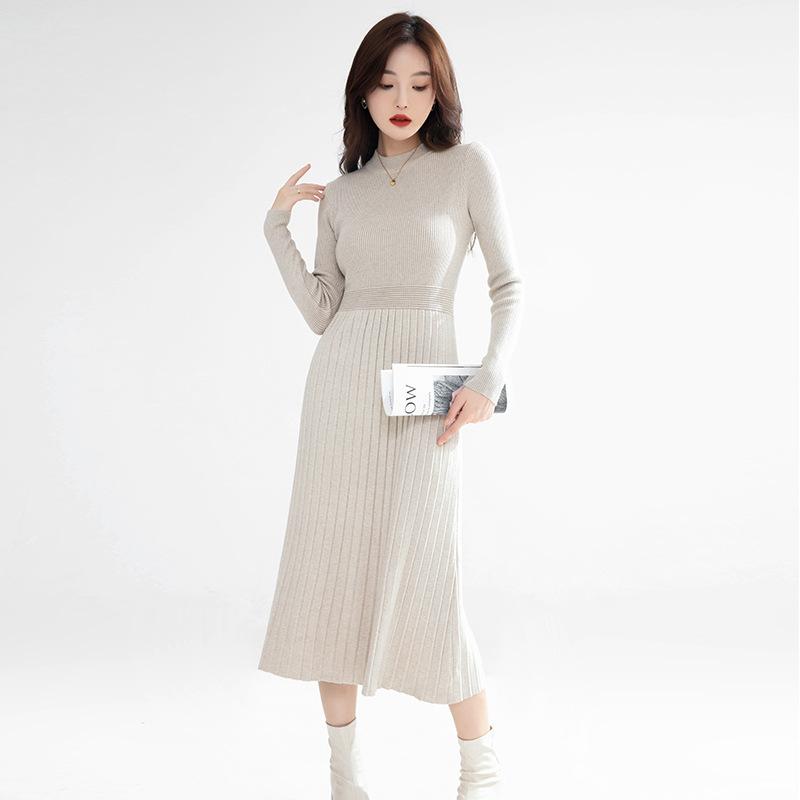 Vestido de malha grossa com cintura marcada estilo francês, moda outono e inverno, roupas femininas, suéter com base de alta qualidade, saia