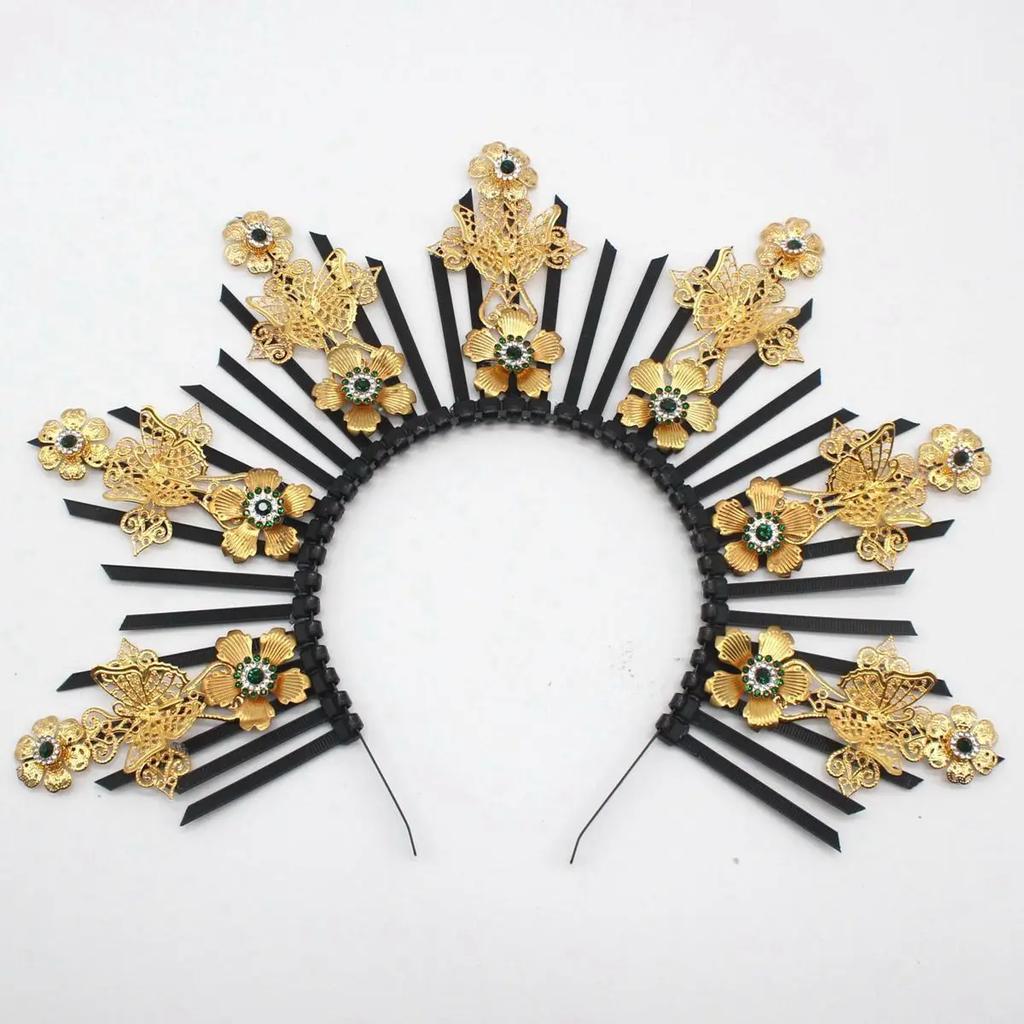 Lolita Gothic Flower Halo Crown Headpiece Women Sun Goddess Baroque Angel Butterfly Cross Crown Headband Finished Product
