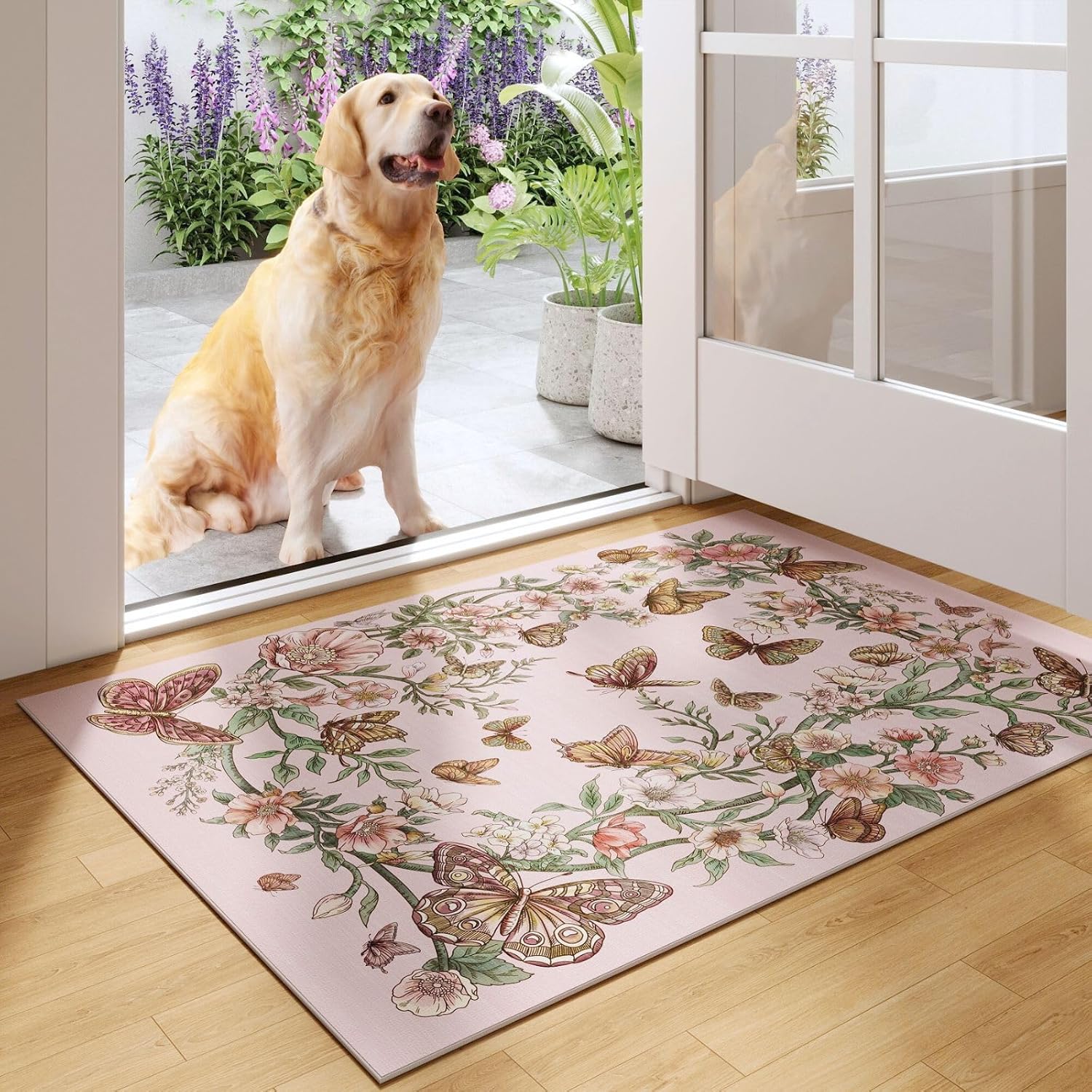 Deurmat Binnen Entree Tapijt Machinewasbaar Boho Bloemen Vlinder Kleine Vloerkleed Antislip Laagpolig Plaid Tapijten voor Entree 40x60CM