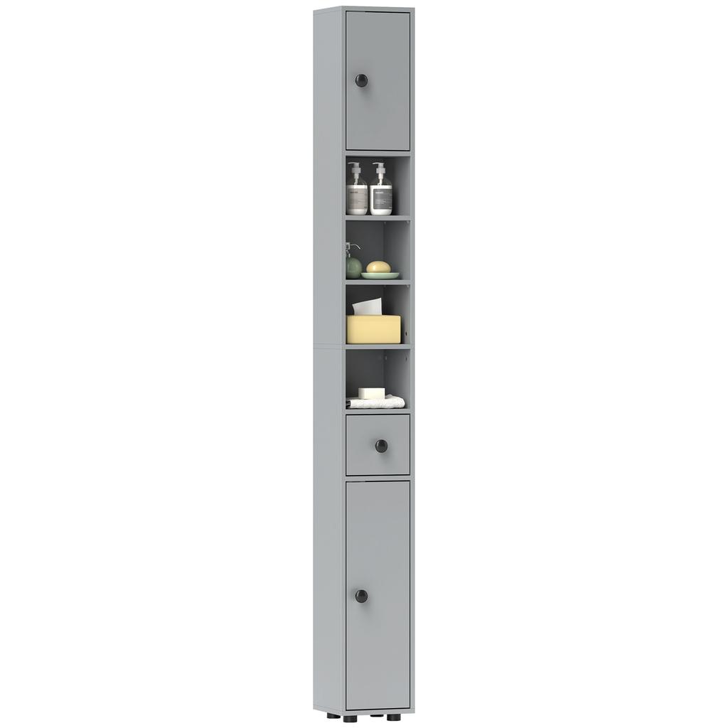 180cm Slim Bathroom Cabinet, with Drawer, Shelves and Cupboards - Grey
